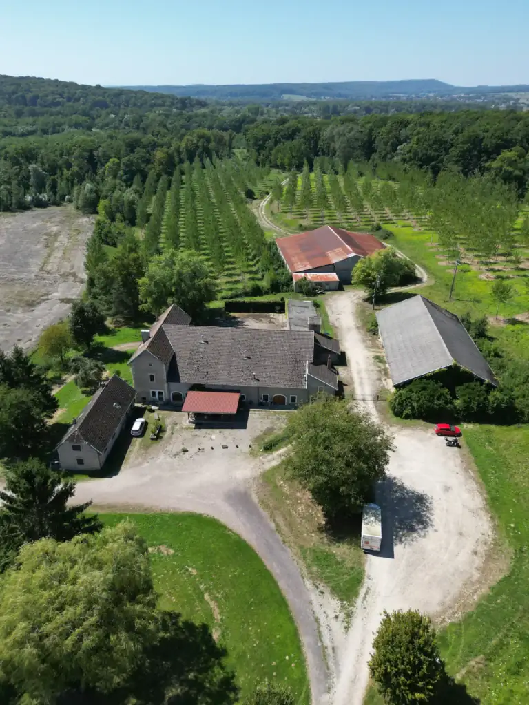 Vue aérienne verticale de la cour de l'auberge et de son allée d'accès
